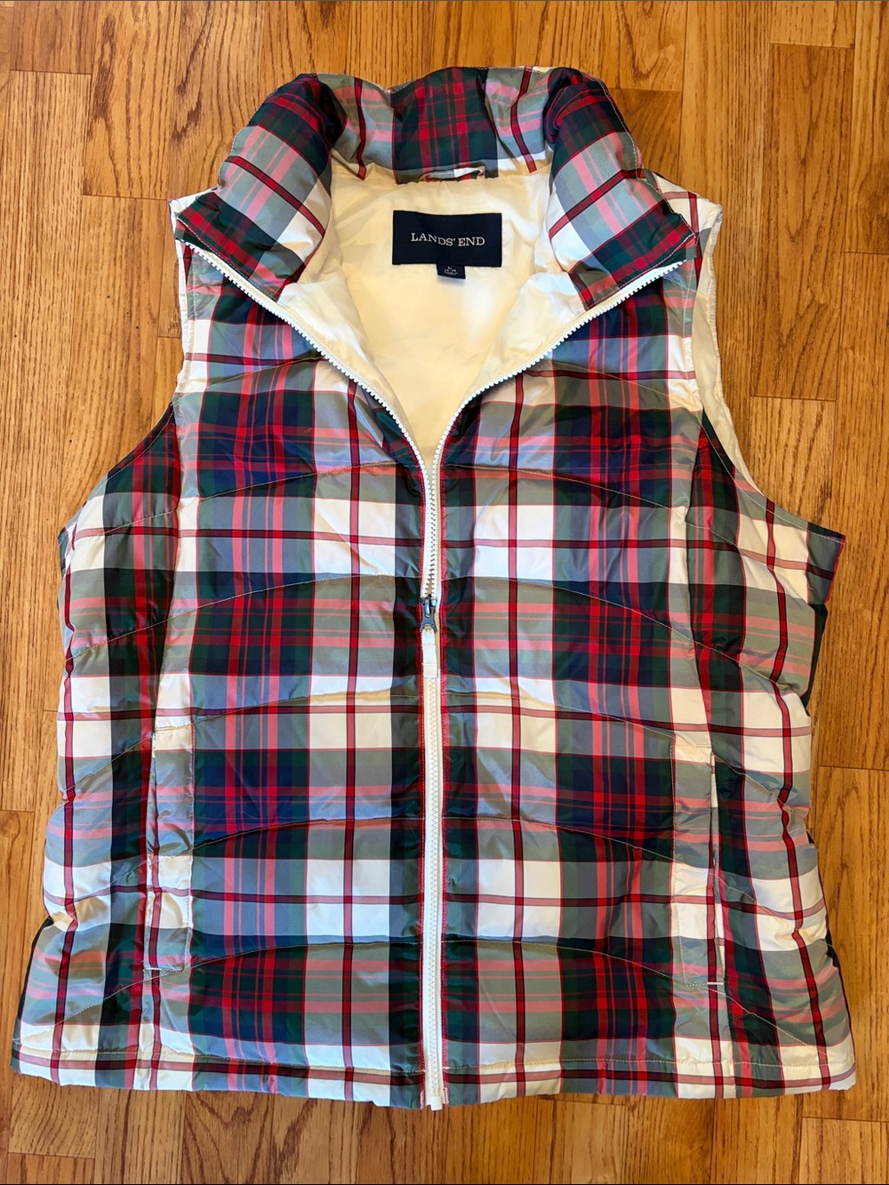 Lands' End Quilted Plaid Puffer Vest in Red, Green & White